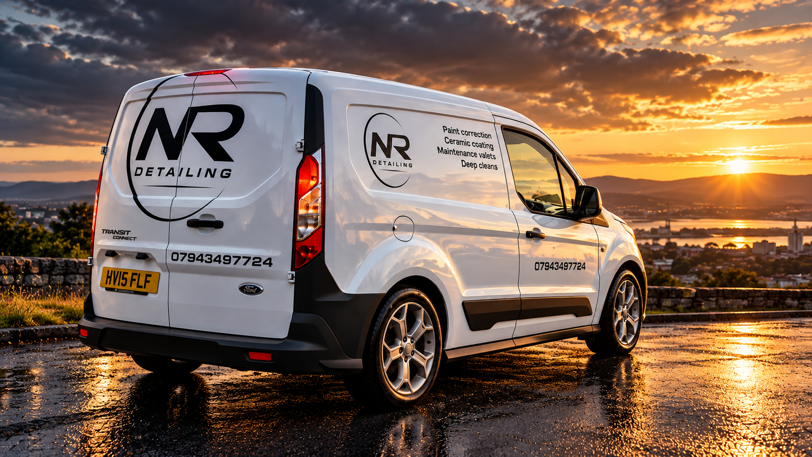 NR Detailing’s white van at sunset